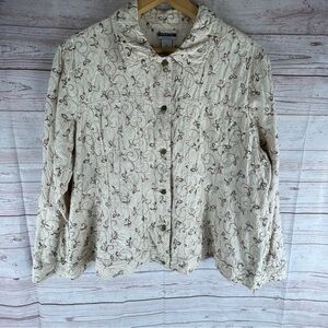 Vintage Leslie Fay Cotton Floral Button Up Top Sz 2X Long Sleeve Collar